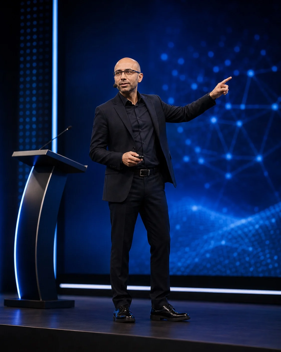 Mehmet Akif Kuşaslan sahnede, eğitim sırasında konuşurken